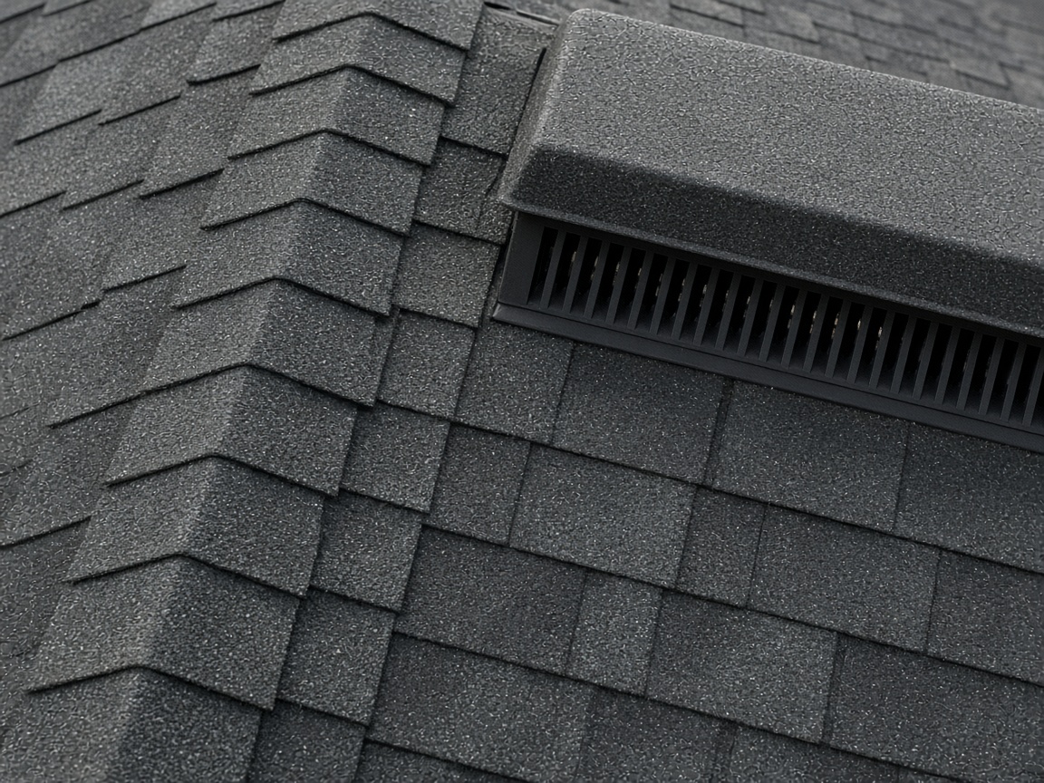 Ridge cap and roof ventilation detail on an asphalt residential roof